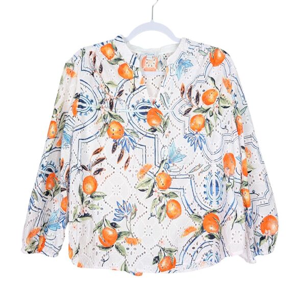 Chico's 3 Womens Tropical Citrus Orange Print Eyelet 3/4 Balloon Sleeve Top XL - Picture 3 of 9